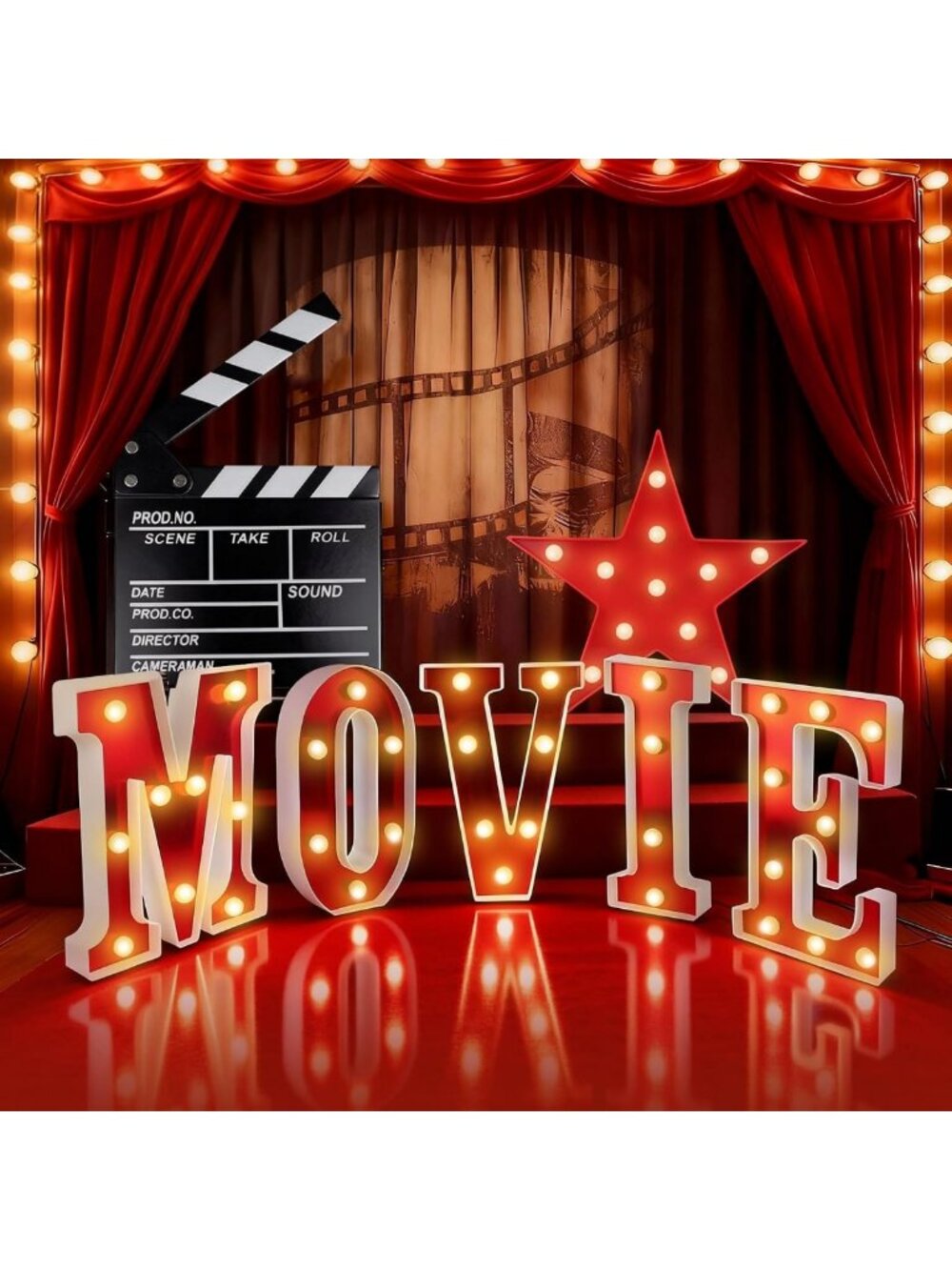 Movie Theater Decor - LED Light Up Clapper Board & Star Sign for Home Parties